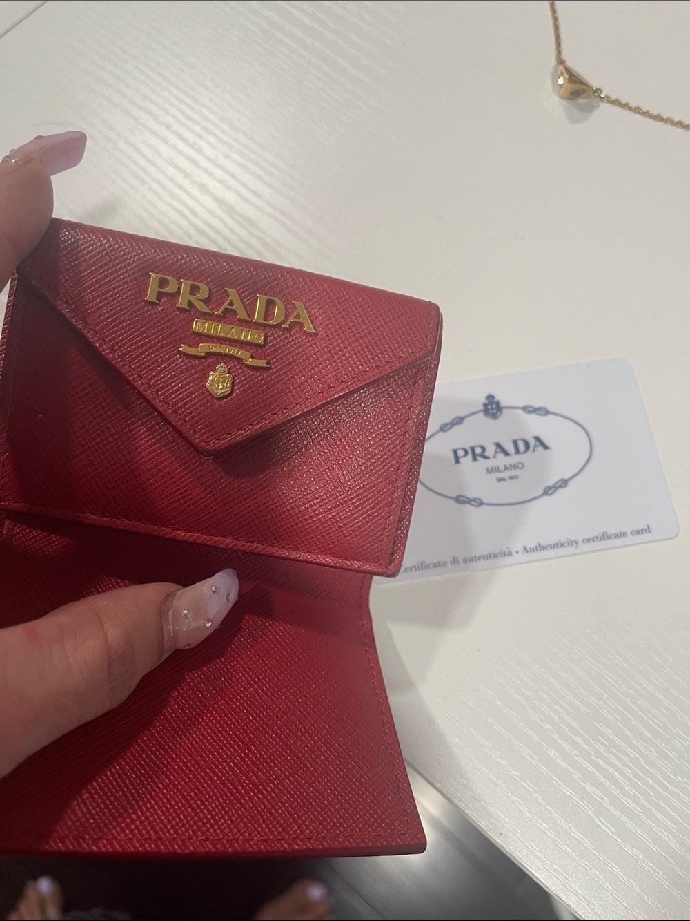 Prada Red Saffiano Leather Mini Wallet with Gold Logo
